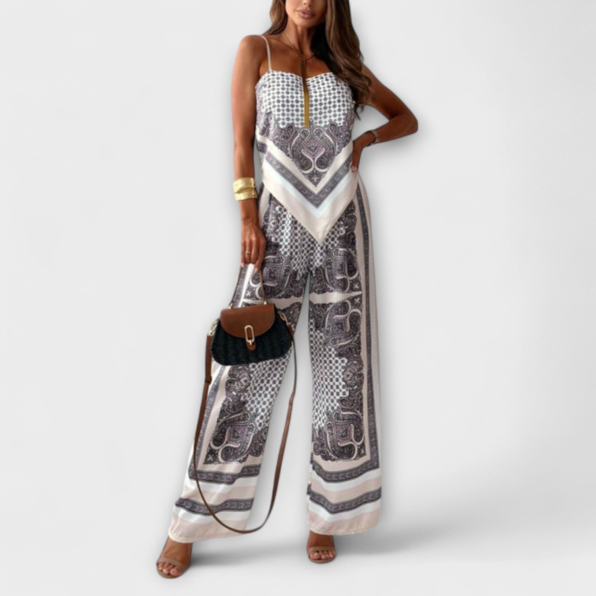 Schnürwesten- und Hosen-Set mit weitem Bein in beigem Grau und Paisley-Print