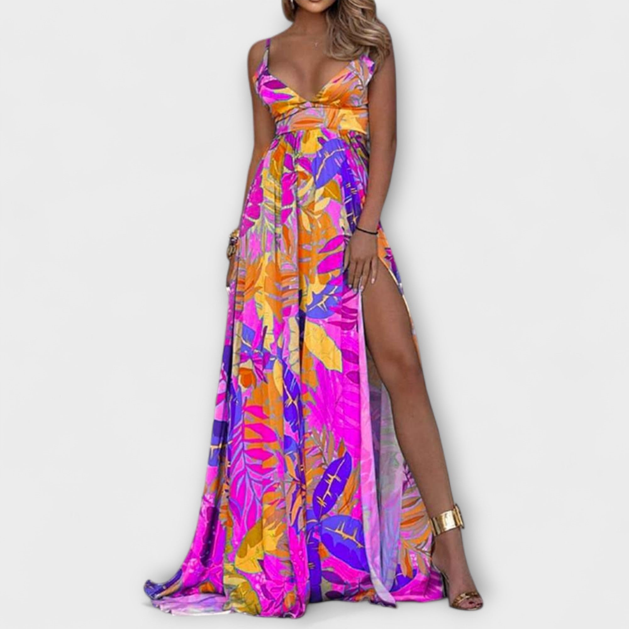 Blumendruck-Trägerkleid für Damen mit Seitenschlitz, mehrfarbig (pink, blau)