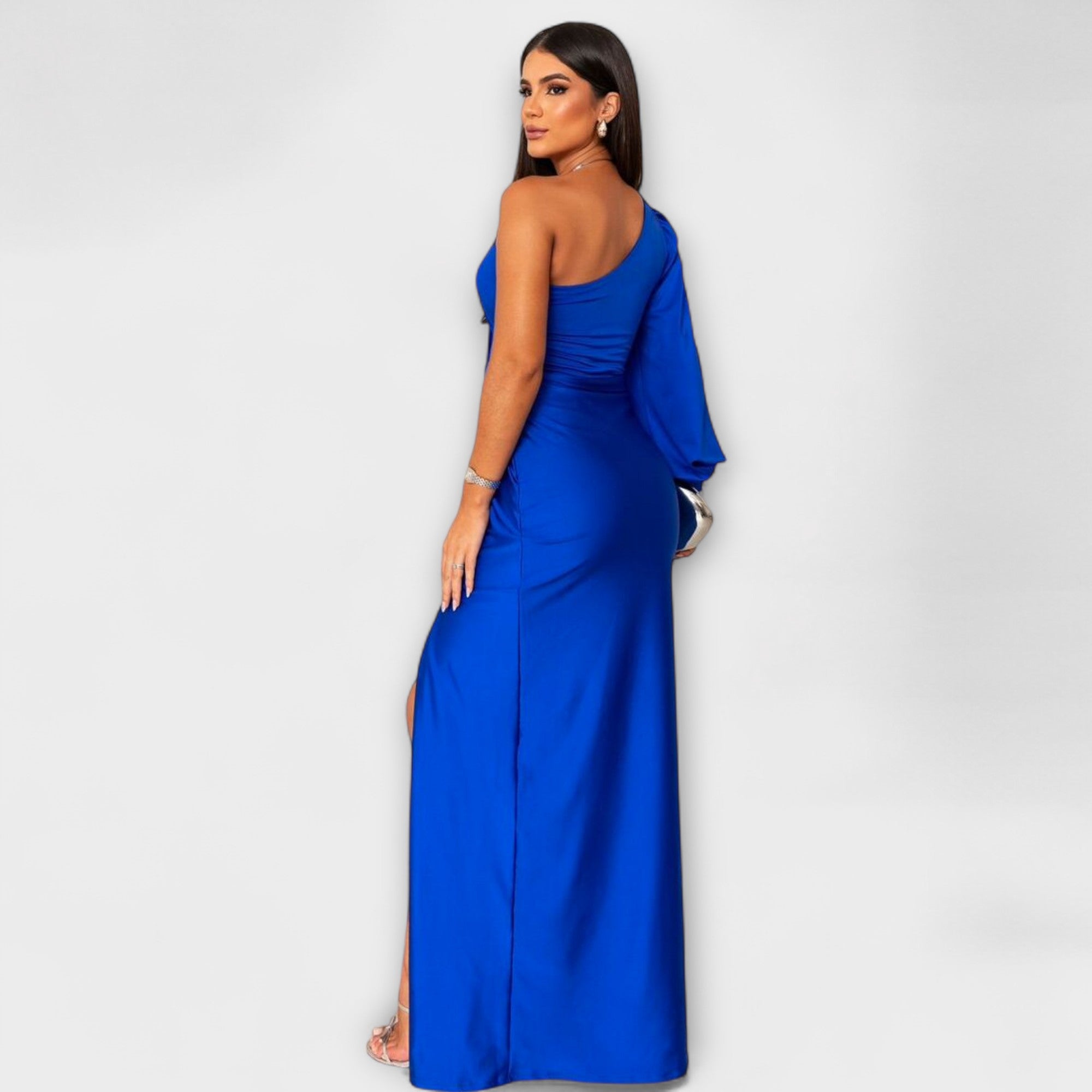 Elegantes Kleid in Elektrischblau mit einseitiger Schulter, Raffung in der Taille und Schlitz