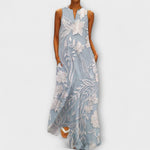 Maxikleid ohne Ärmel mit botanischem Blumenprint, blauem Grund