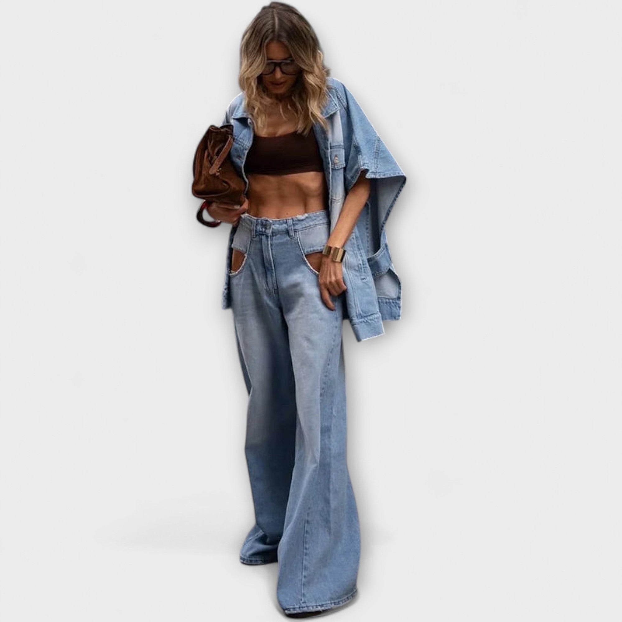 Ärmelloses Denim-Set mit weitem Bein in hellblau, hoher Bund und Taschen vorn