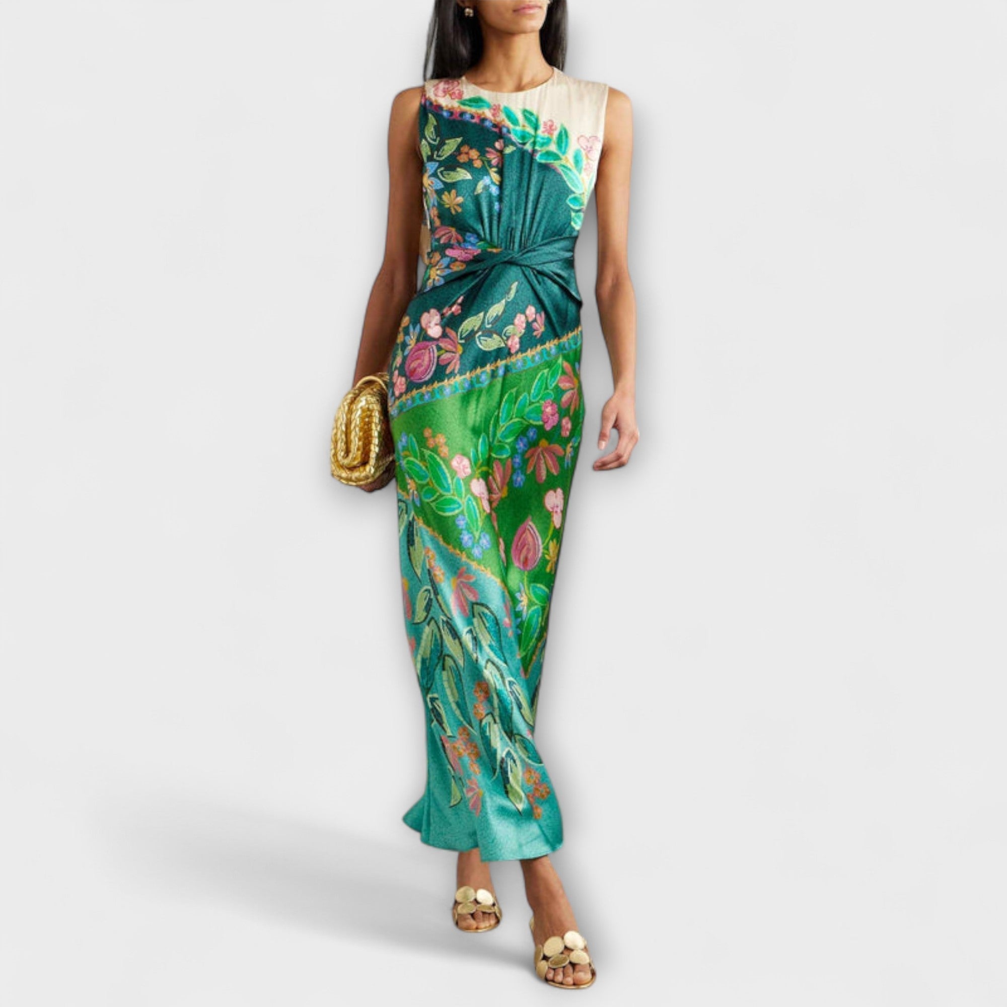 Ärmelloses Maxikleid mit floralen Mustern, verdrehtem Taillendetail in Grün
