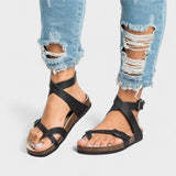 Schwarze Ledersandalen mit Knöchelriemen und Fersenriemen, offene Zehen