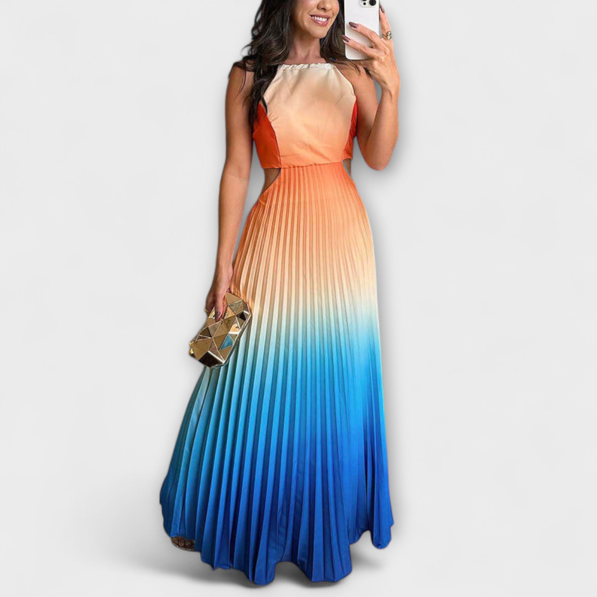 Ärmelloses Maxikleid mit Faltenrock, Farbverlauf Orange bis Blau