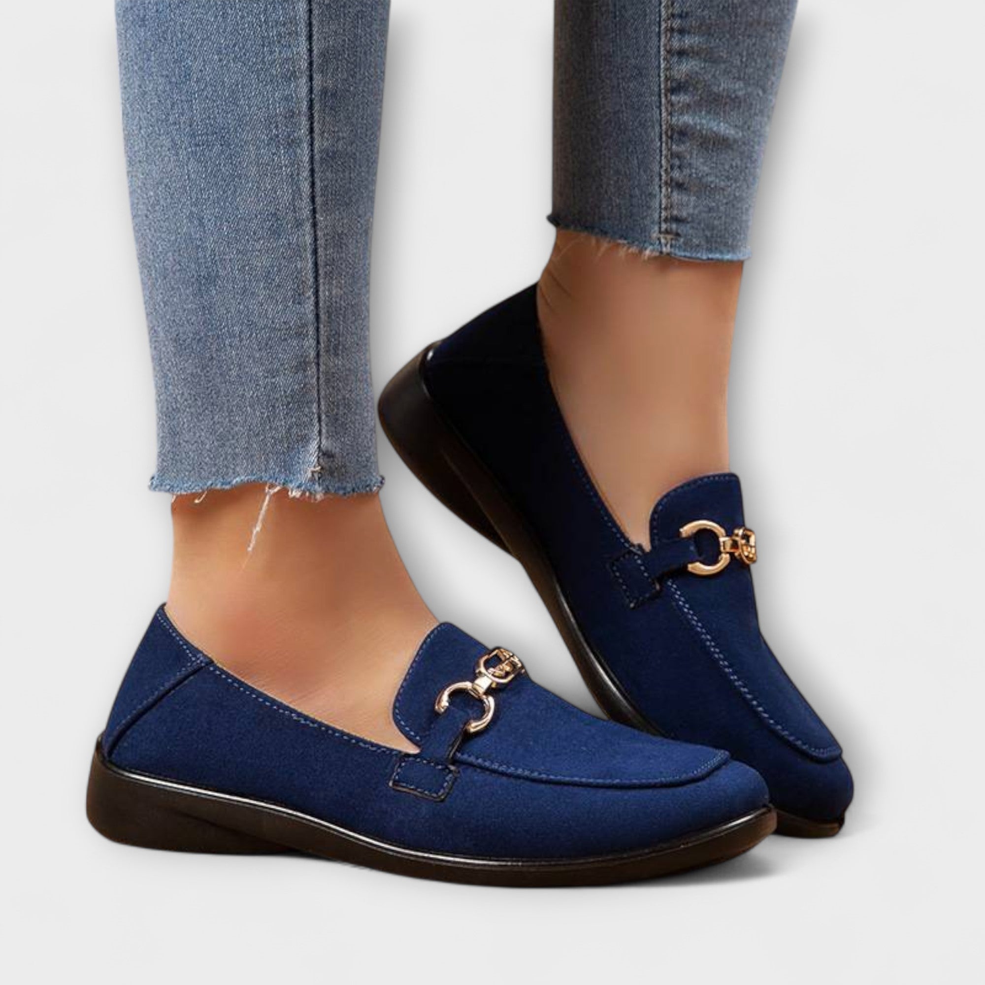 Blaue Loafer mit Metallösen-Schnalle und flacher Sohle
