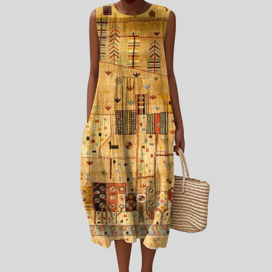 Ärmelloses Sommerkleid mit Rundhalsausschnitt, gelbem Patchwork-Design und weitem Rock