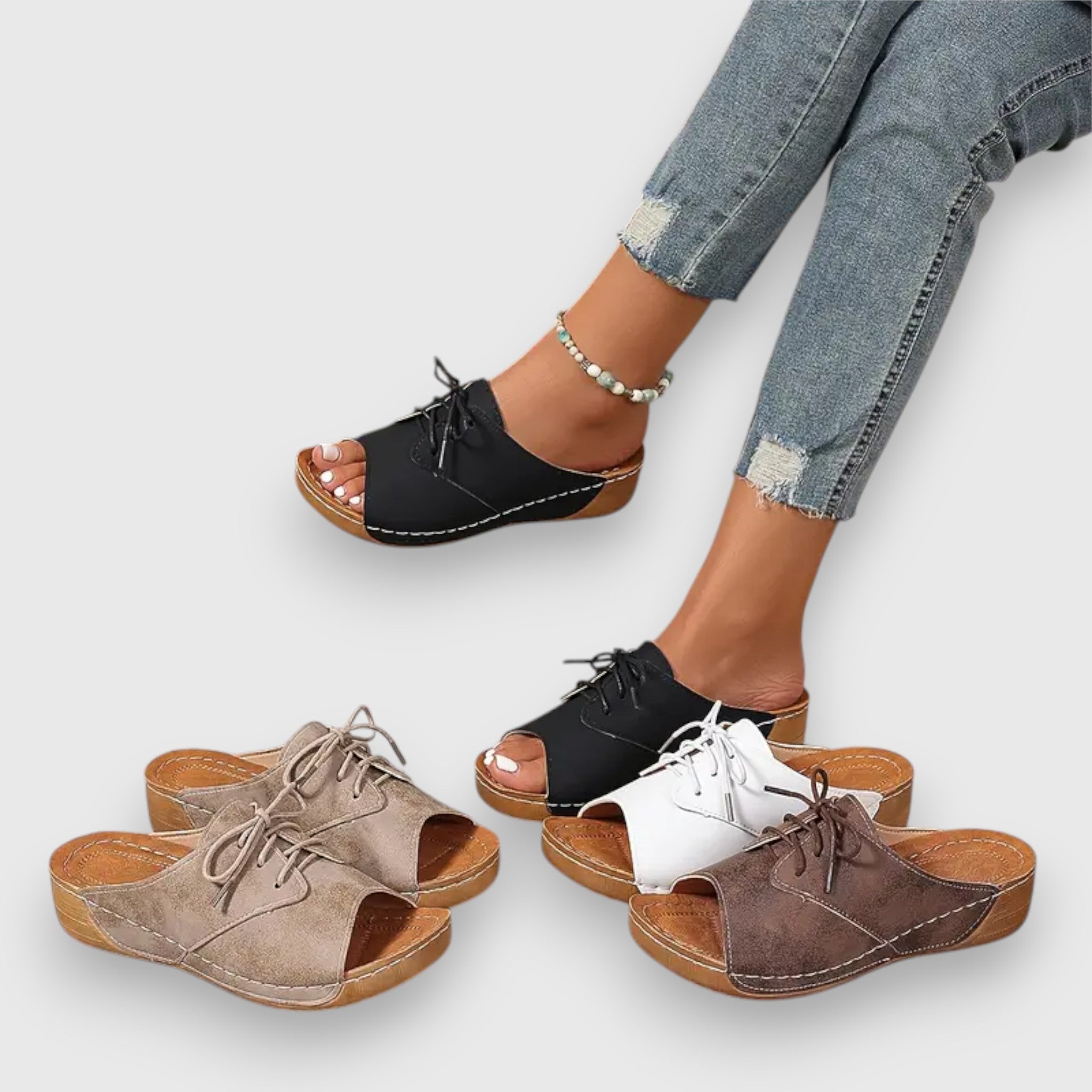 Vintage Stil Sandalen im Farb-Mix: schwarz, beige, braun, weiß; offene Zehen, Schnürung