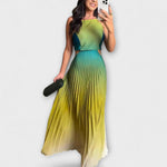 Ärmelloses Maxikleid mit Faltenrock, Farbverlauf Grün-Blau-Gelb