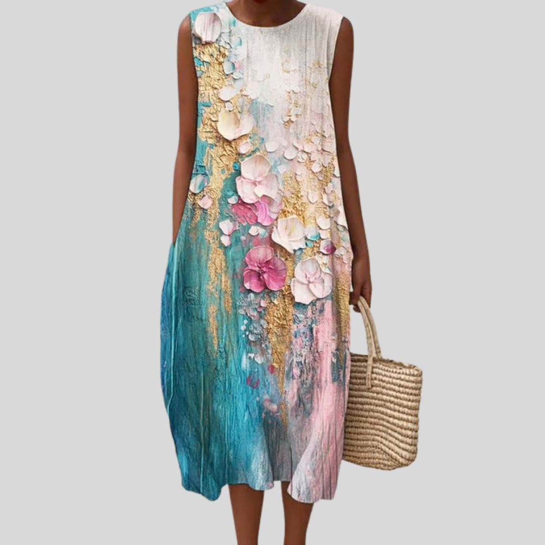 Ärmelloses Kleid mit Blumenmuster, türkis-pinkem Verlauf und weitem Schnitt bis zum Knie