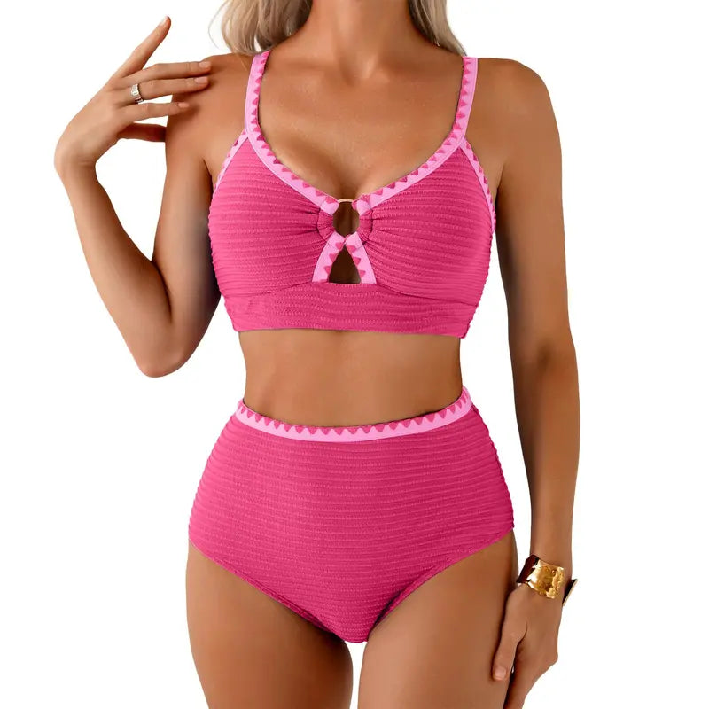 Figurformender Bikini Rosa, gerippt mit kontrastierender Einfassung und Mittelband
