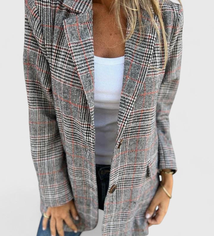 Kariertes Blazer mit Revers, offen, lange Ärmel und feine Musterung im Stoff