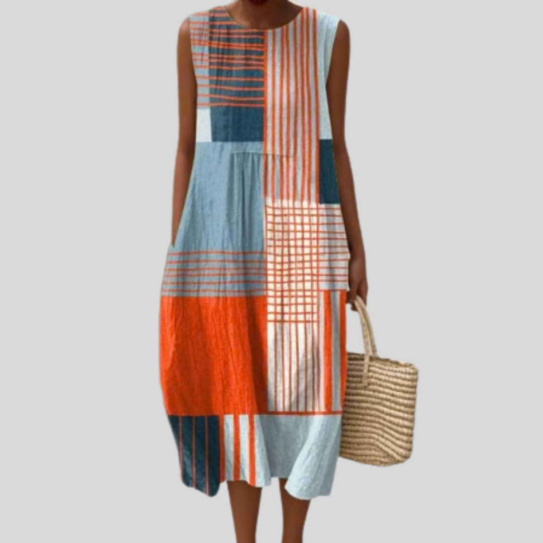 Ärmelloses Patchwork-Kleid mit gestreiften Blöcken in Orange, Blau und Creme, knielang