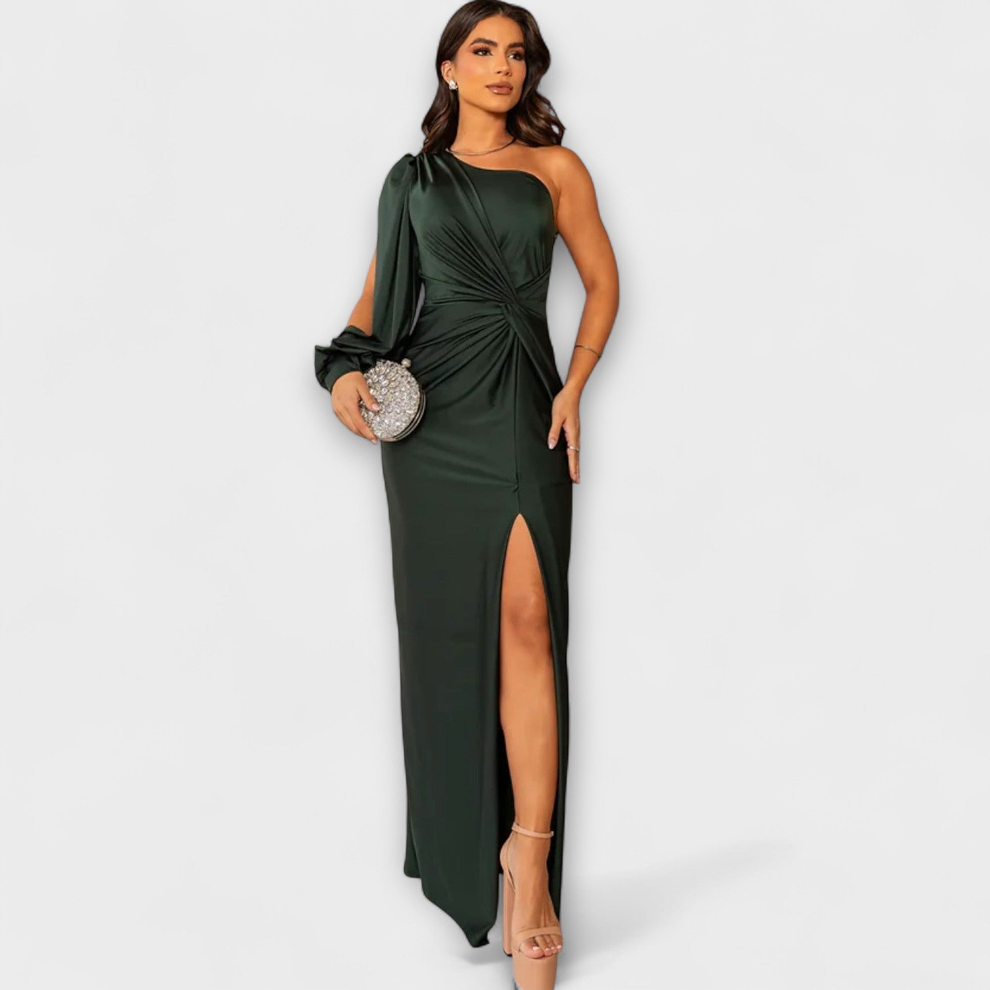 Elegantes Kleid in Olivgrün mit einseitiger Schulter, Raffung vorn und Beinschlitz