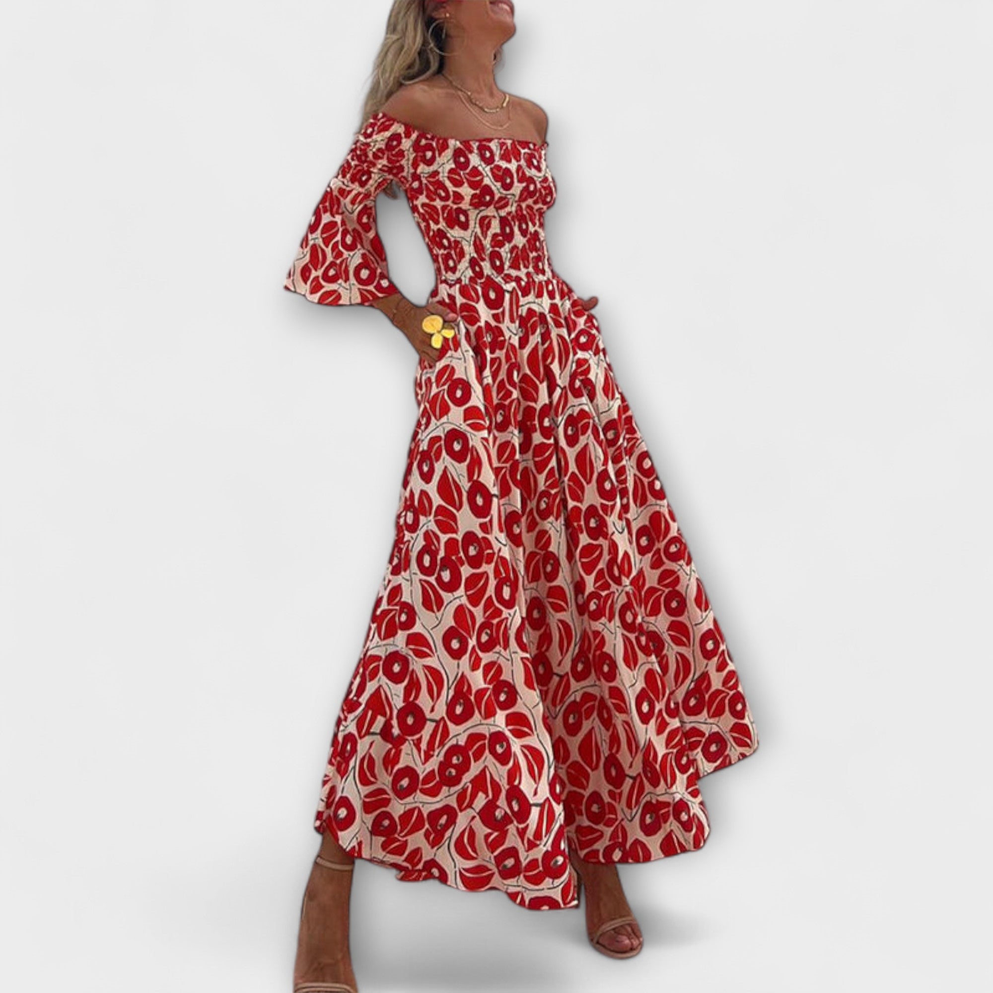 Schulterfreies Maxikleid mit rotem Muster, schwingender Rock, lange Glockenärmel