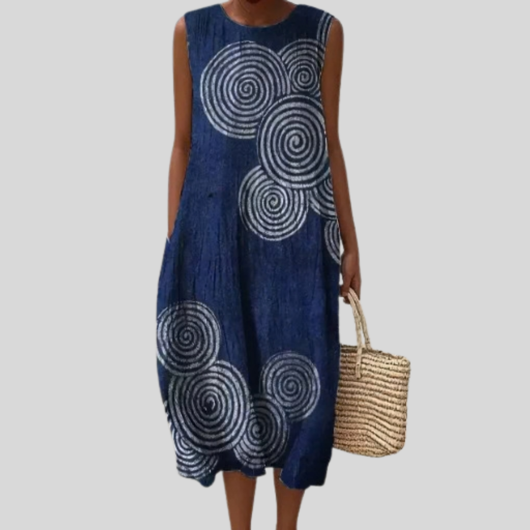 Ärmelloses Kleid, dunkelblau mit Rundhalsausschnitt und Spiralmuster