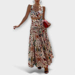 Zweiteiliges Rock-Set: Crop-Top mit Knopfleiste und weiter Maxirock mit Allover-Print