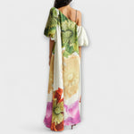 Asymmetrisches Maxikleid hinten, schräger One-Shoulder-Schnitt mit floralem Muster