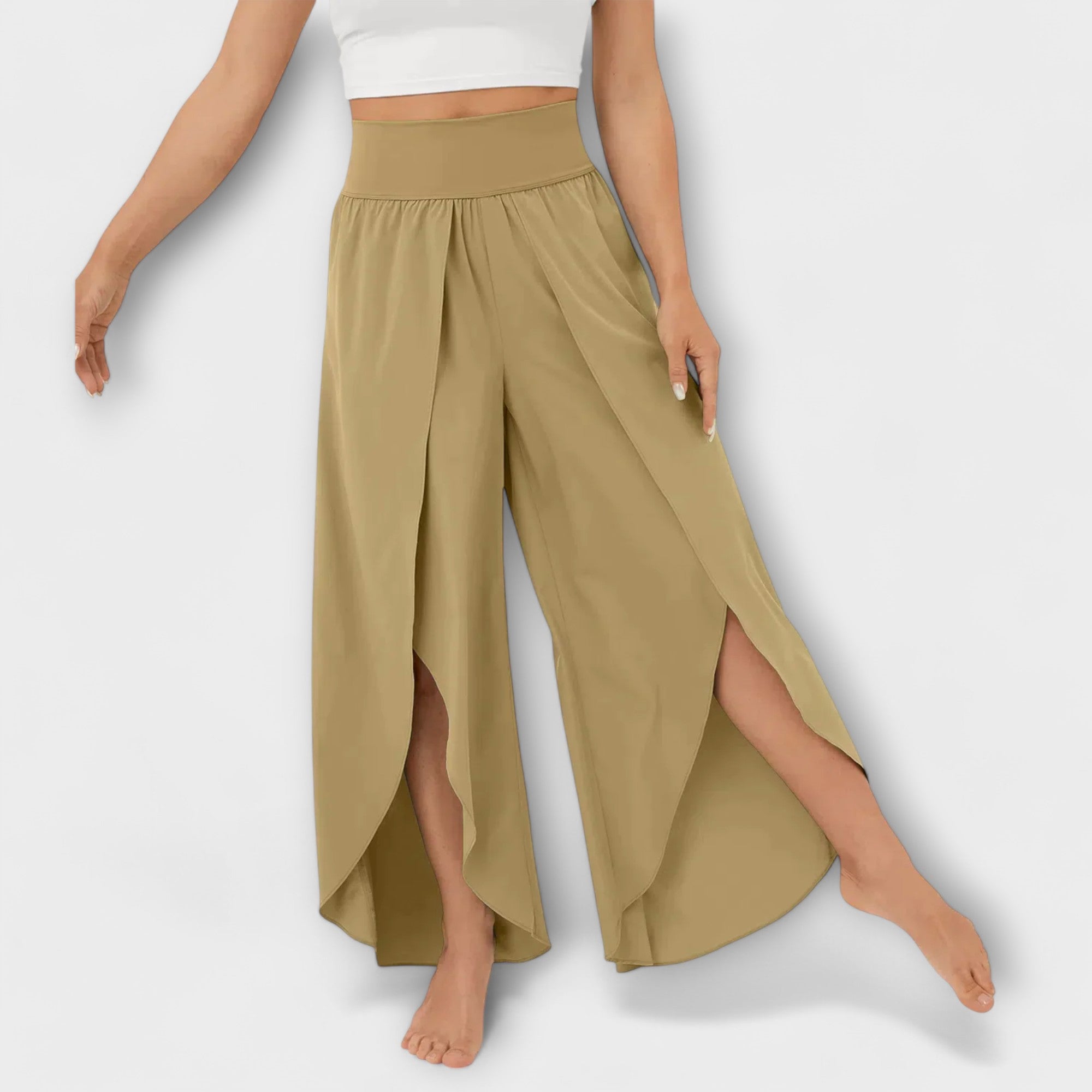 Damenhose in Khaki mit elastischem Bund, weitem Bein und asymmetrischem Lagen-Saum