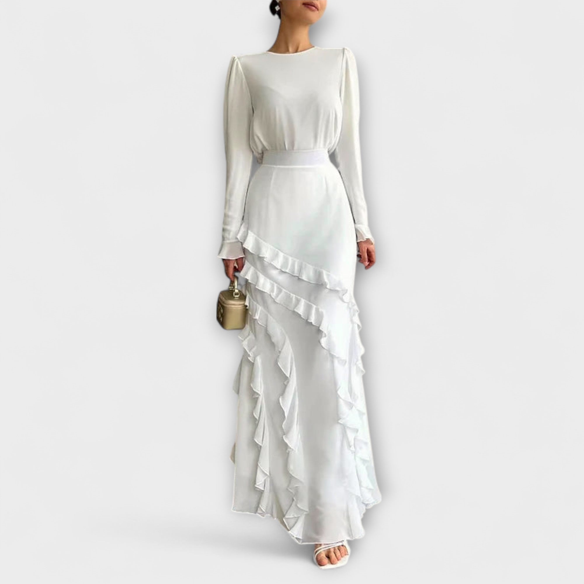 Weisses Slim-Fit Langkleid mit dreidimensionalen Rüschen und langen Ärmeln