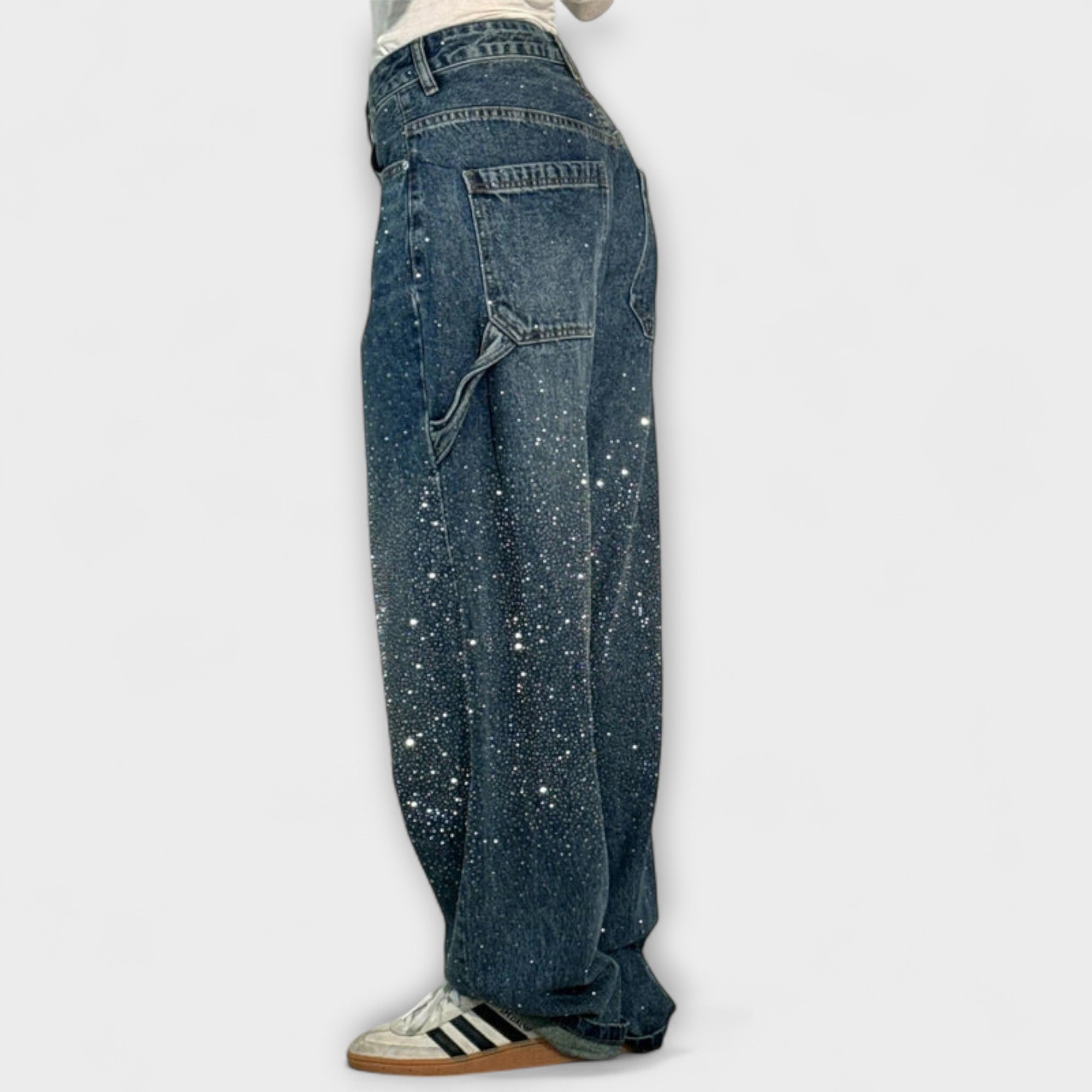 Dunkelblaue Balloon-Carpenter-Jeans mit breiten Beinen, Taschen und Glitzersprenkelung