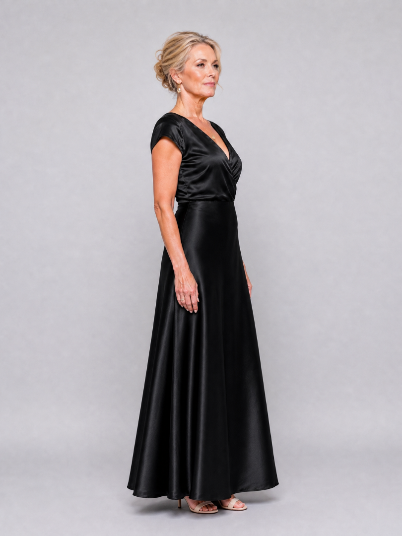 Schwarzes Maxikleid mit Wickeloberteil, kurzen Ärmeln und V-Ausschnitt; Seitenansicht