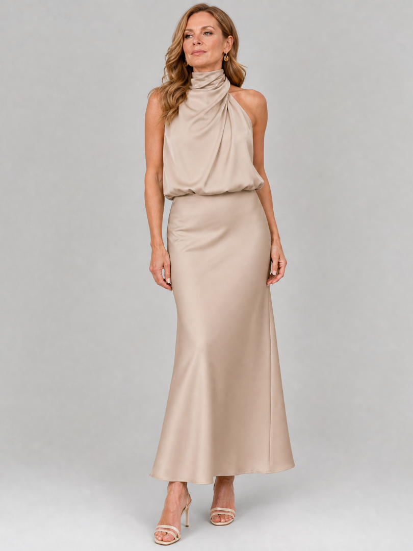 Ärmelloses Midikleid Beige mit drapiertem Stehkragen und fließendem Rock