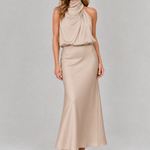 Ärmelloses Midikleid Beige mit drapiertem Stehkragen und fließendem Rock