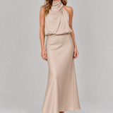 Ärmelloses Midikleid Beige mit drapiertem Stehkragen und fließendem Rock