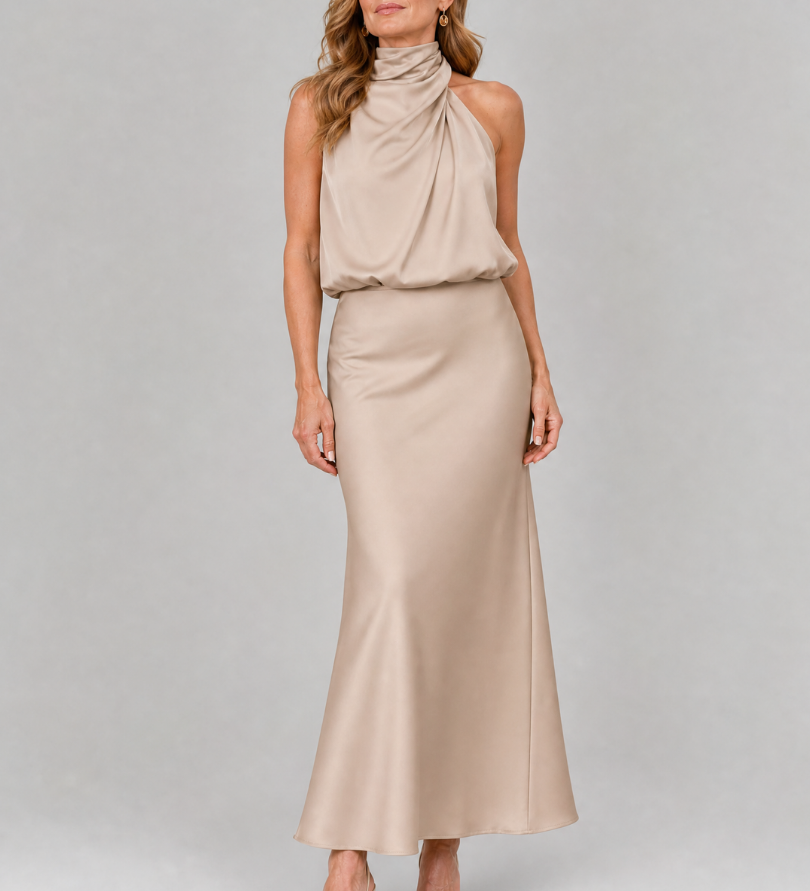 Ärmelloses Midikleid Beige mit drapiertem Stehkragen und fließendem Rock
