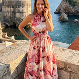Rosafarbenes Midi-Kleid mit geraffter Taille und abstraktem Druck, ärmellos, hoher Hals