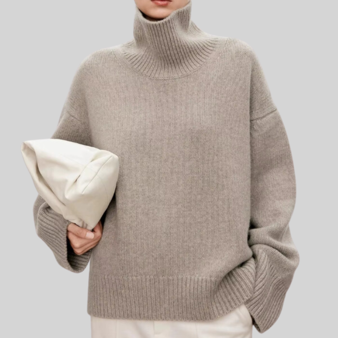 Beiger Rollkragenpullover mit langen Ärmeln und geripptem Bund, meliertem Strick