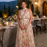 Midi-Kleid mit Halter und Blumenmuster, ärmellos, hoher Ausschnitt, langer, luftiger Rock