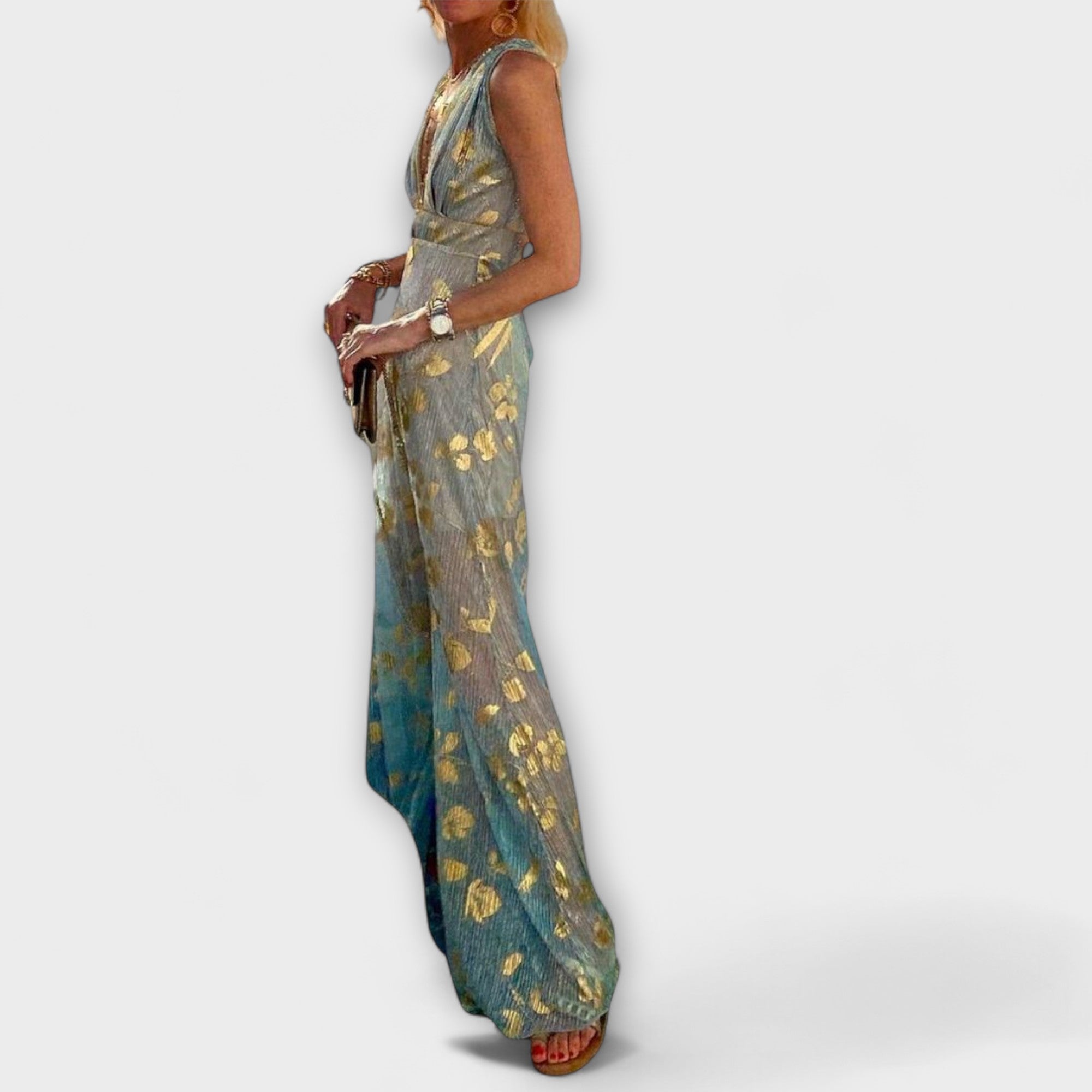 Fließendes Maxikleid mit V-Ausschnitt, ärmellos; türkis mit goldenen Pailletten und weitem Rock
