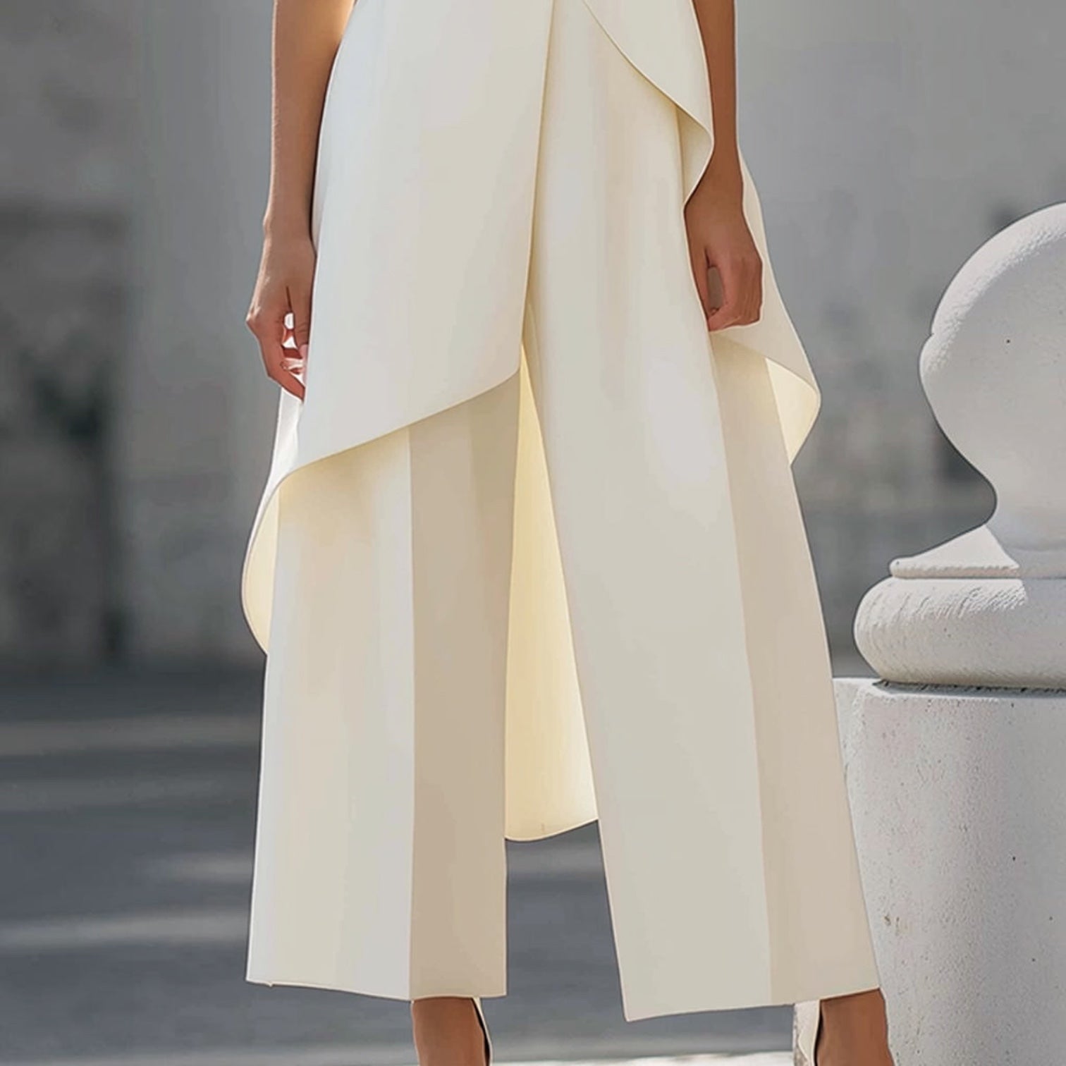 Elegantes langes Kleid in Weiß mit weitem Rock und überlappendem, drapiertem Saum