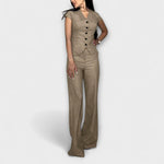 V-Ausschnitt-Top-Set in Khaki: Kurzarm-Top mit Knopfleiste, weite Hose im Set