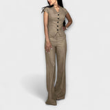 V-Ausschnitt-Top-Set in Khaki: Kurzarm-Top mit Knopfleiste, weite Hose im Set
