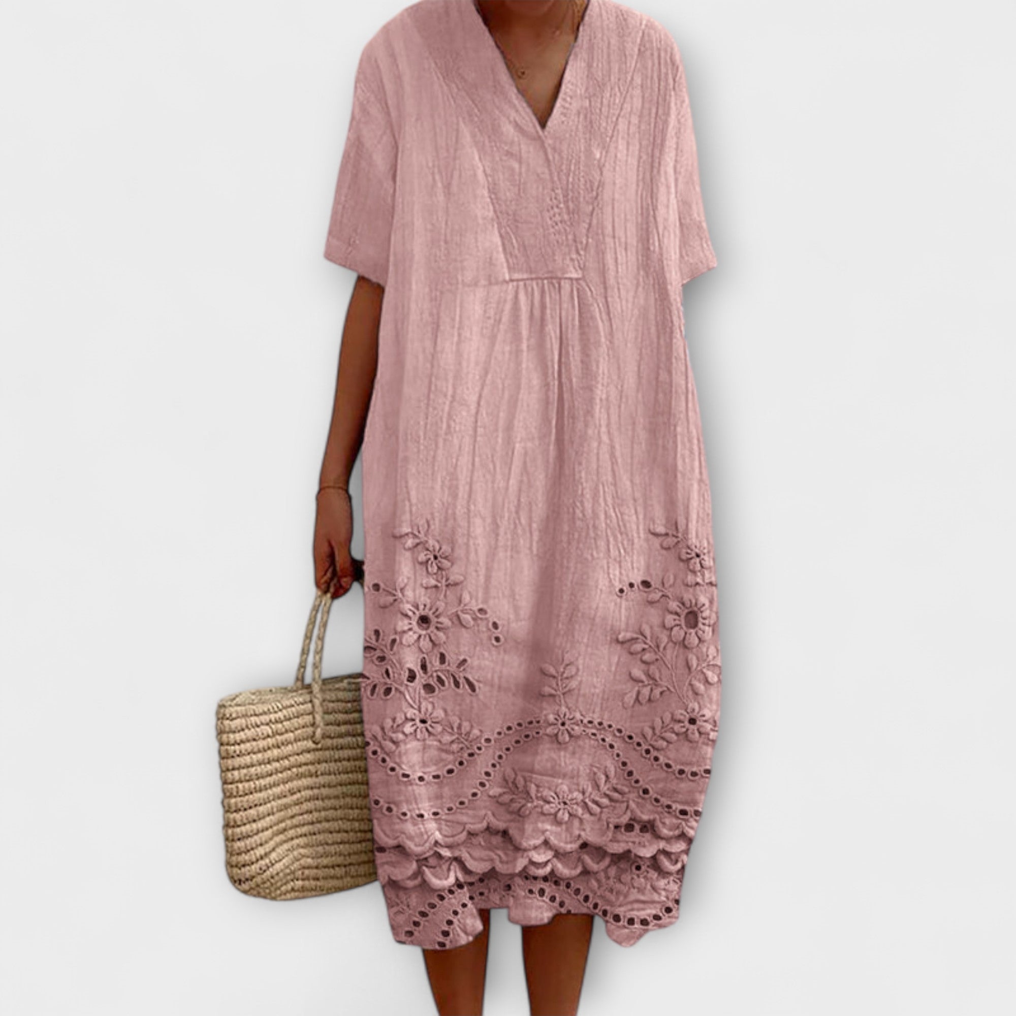 Hannah Sommerkleid in Rosa, V-Ausschnitt, kurze Ärmel, bestickter Spitzenabschluss