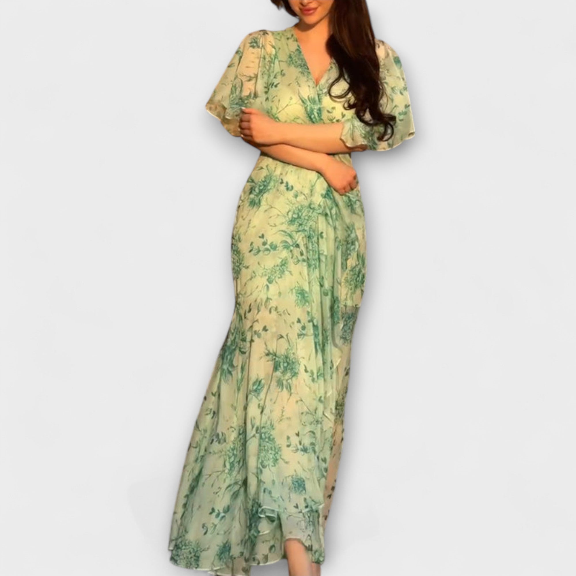 Lana Blumen-V-Ausschnitt-Kleid mit kurzen Schmetterlingsärmeln, Rüschen, hellgrün