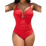 Roter Badeanzug mit Neckholder, Aussparung am Dekolleté und geraffter Taille