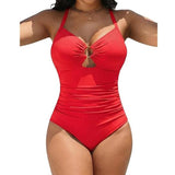 Roter Badeanzug mit Neckholder, Aussparung am Dekolleté und geraffter Taille