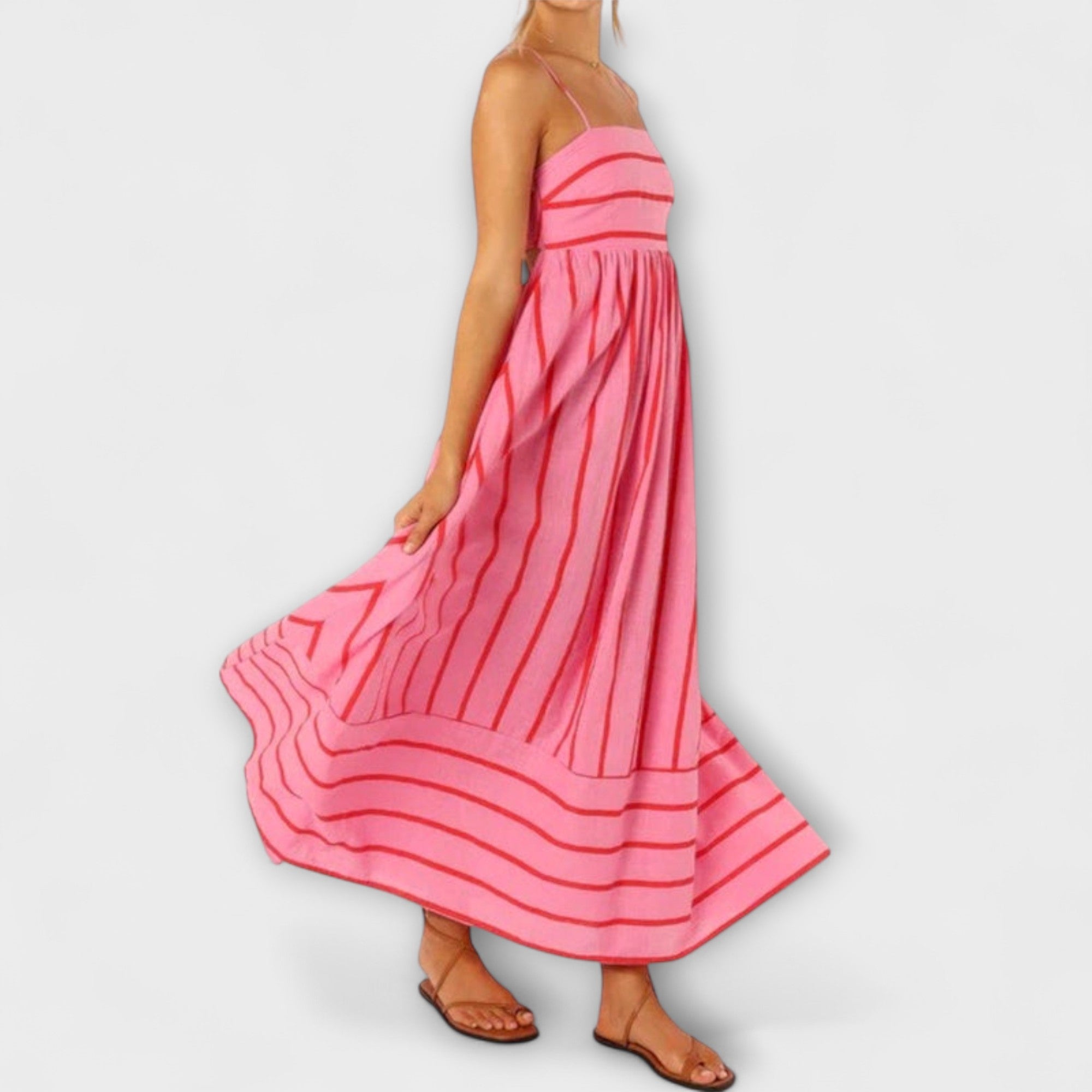 Maxi-Kleid in Pink mit dünnen Trägern, Streifenoptik und weit schwingendem Rock