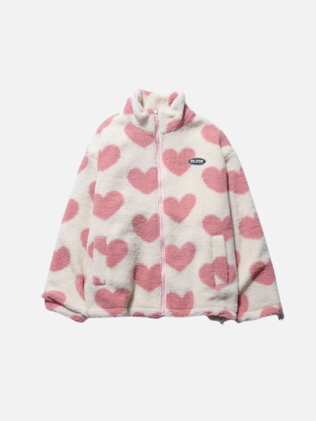 Doppelseitiger Herzmantel, rosa: Fleece-Jacke mit rosa Herzmuster und Reißverschluss