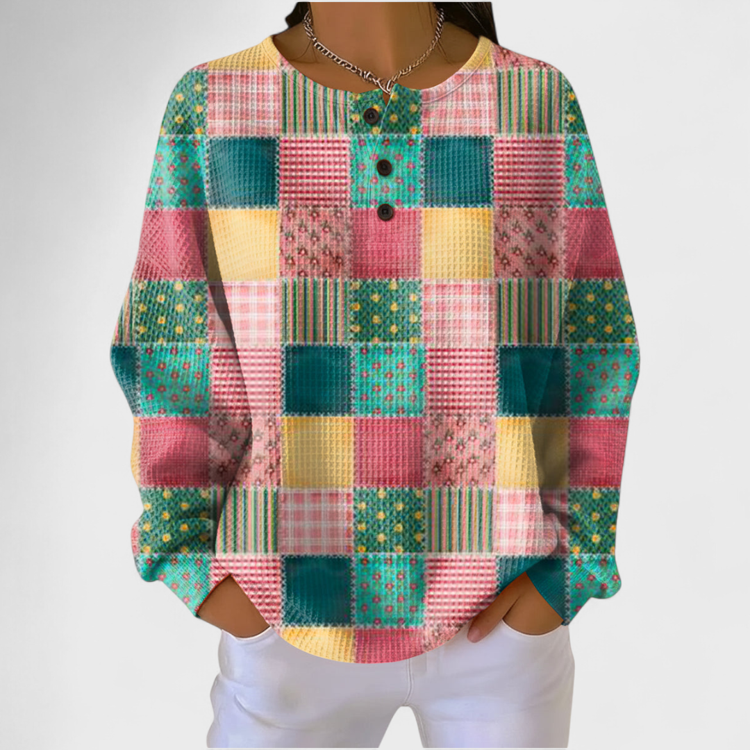 Buntes Patchwork-Sweatshirt mit Rundhalsausschnitt und Knopfleiste