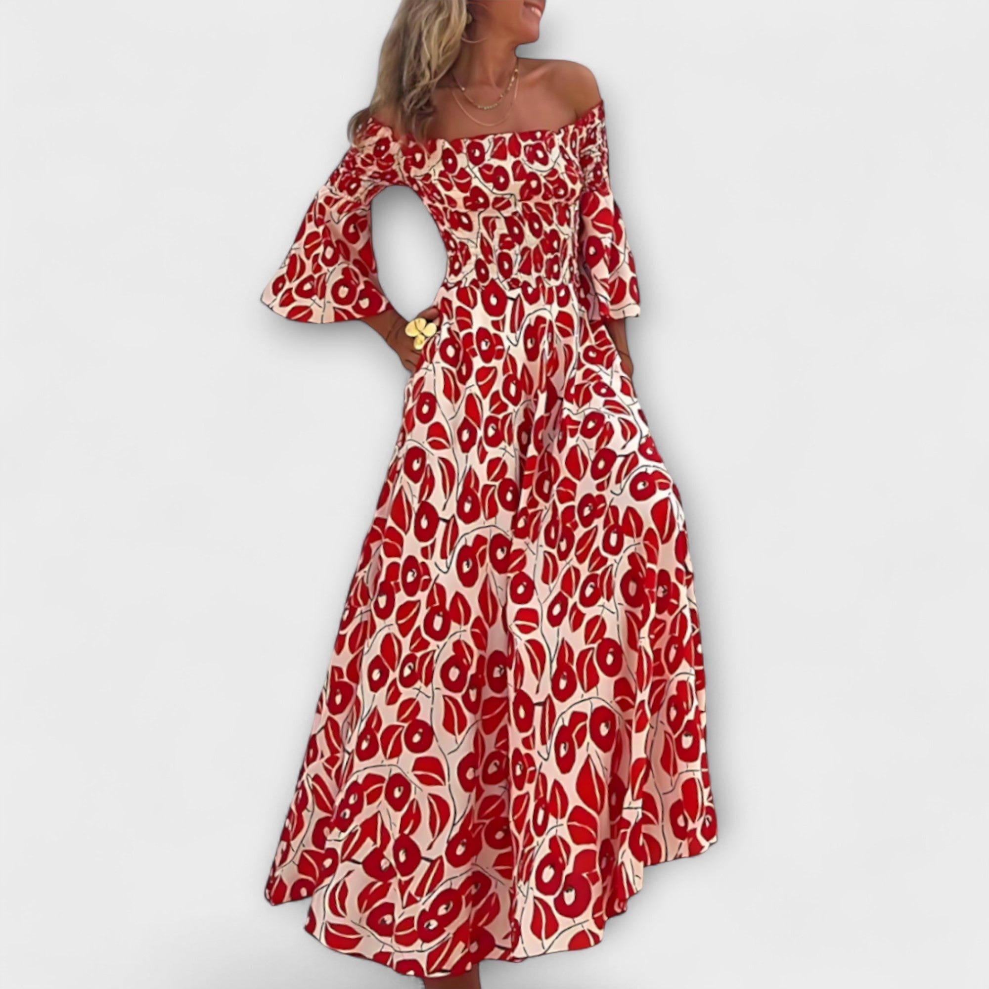 Rotes Off-Shoulder-Kleid mit Blumenmuster, Glockenärmel und weitem Rock