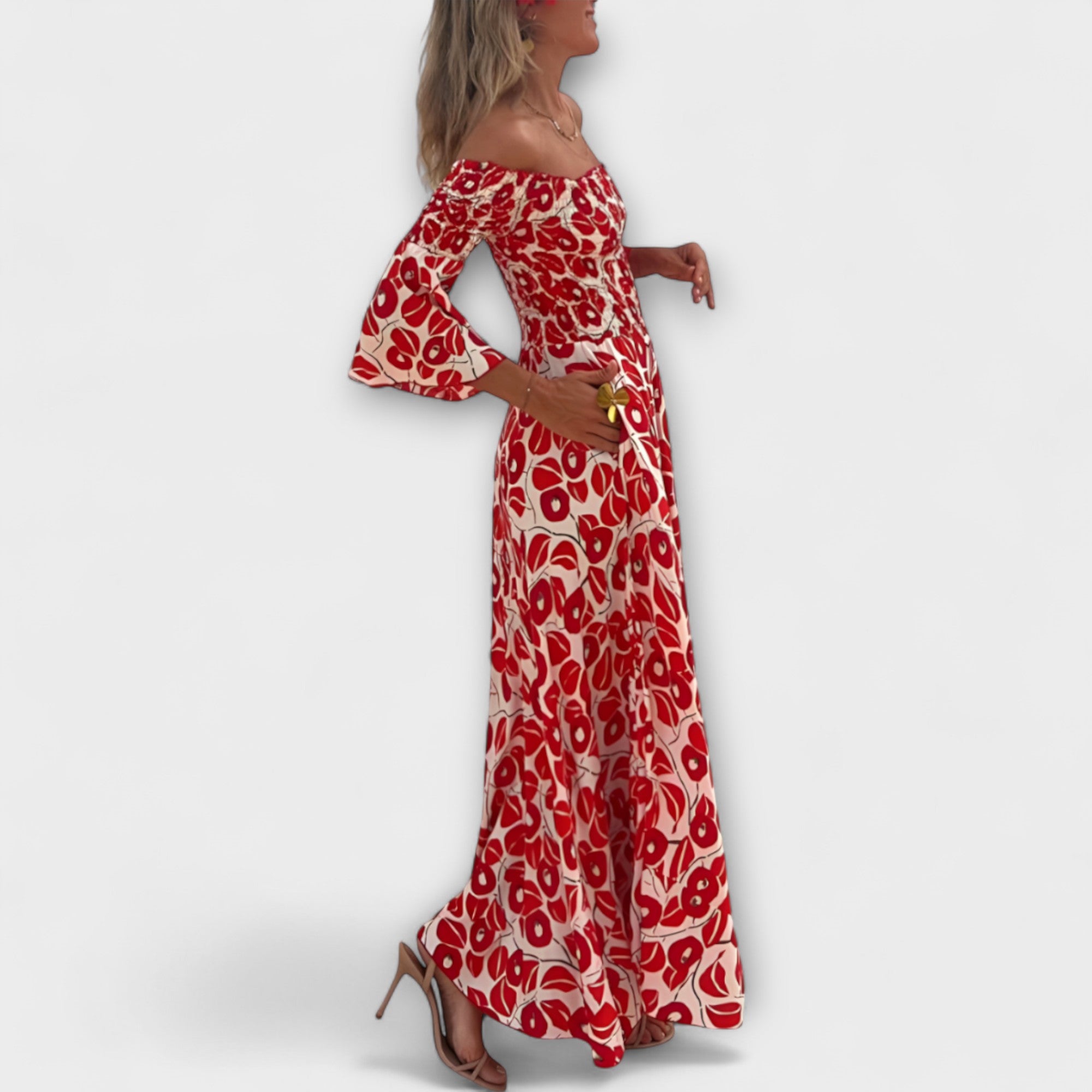 Rotes Off-Shoulder-Kleid mit Blumenmuster, weites Maxikleid mit Glockenärmeln