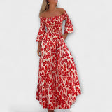 Rotes Off-Shoulder-Kleid mit Blumenmuster, gerafftes Oberteil und Puffärmel