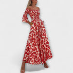 Rotes Off-Shoulder-Kleid mit Blumenprint, fließender Rock und ausgestellte Ärmel