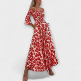 Rotes Off-Shoulder-Kleid mit Blumenprint, fließender Rock und ausgestellte Ärmel