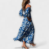 Blaues Off-Shoulder-Kleid mit Ornamentmuster, Rückenausschnitt und weites Kleid