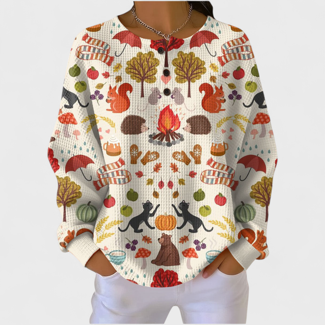Gemustertes Langarmshirt mit Rundhalsausschnitt und Knopfleiste, mehrfarbig